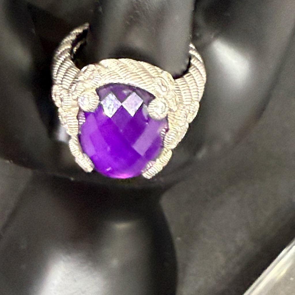 Purple Silver Ring With Intricate Metalwork And Large Gemstone 100$